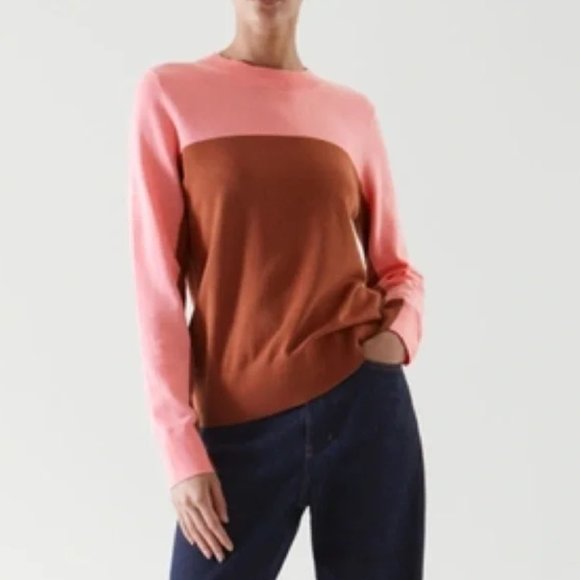 COS Pink and Brown Color Block Sweater 100% Cotton Size XS - Picture 2 of 6
